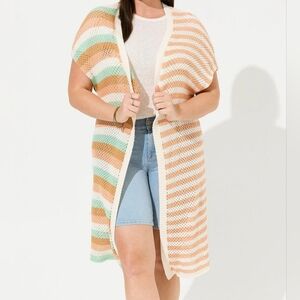 TORRID Multi Stripe Crochet Knit Duster Cardigan Sweater Vest sz 3/4 Womens Plus
